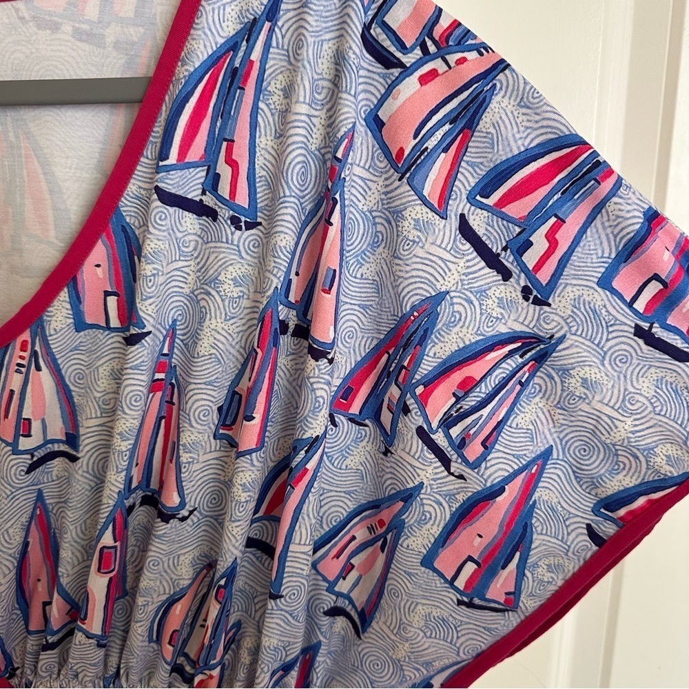 Classic Southern Smocks Medium Sailboat Print Swim Cover Up Dress Blue Nautical - Picture 5 of 5